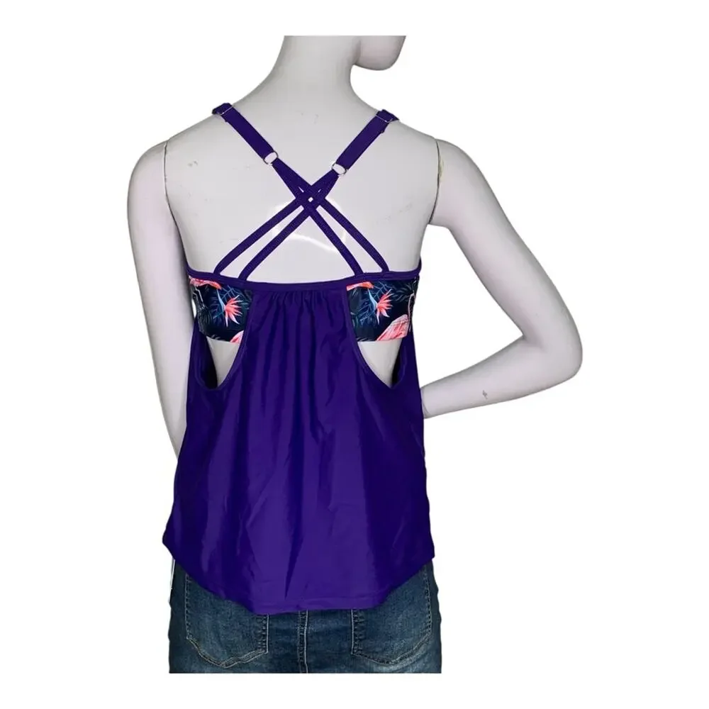 Yonique NWT Tankini Top with a Built in Flamingo Patterned Bra Size M